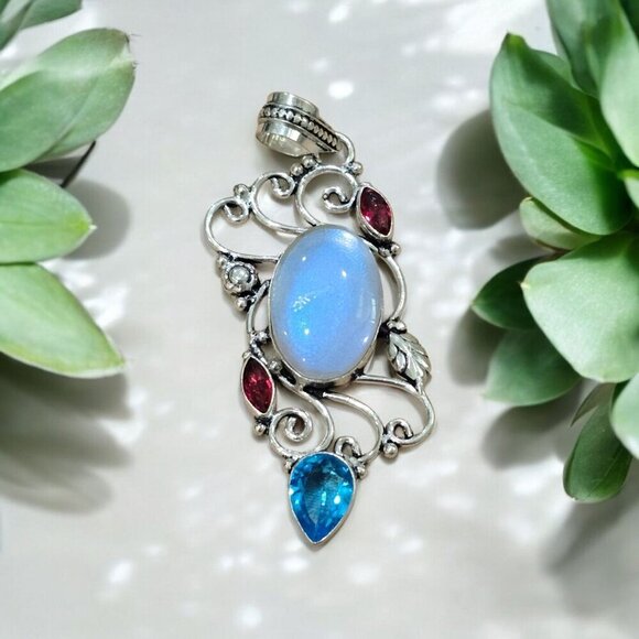 Milky Opal ✦ Blue Sapphire Garnet Pendant ✦ 925 Sterling Silver Intricate Swirl - Picture 1 of 13